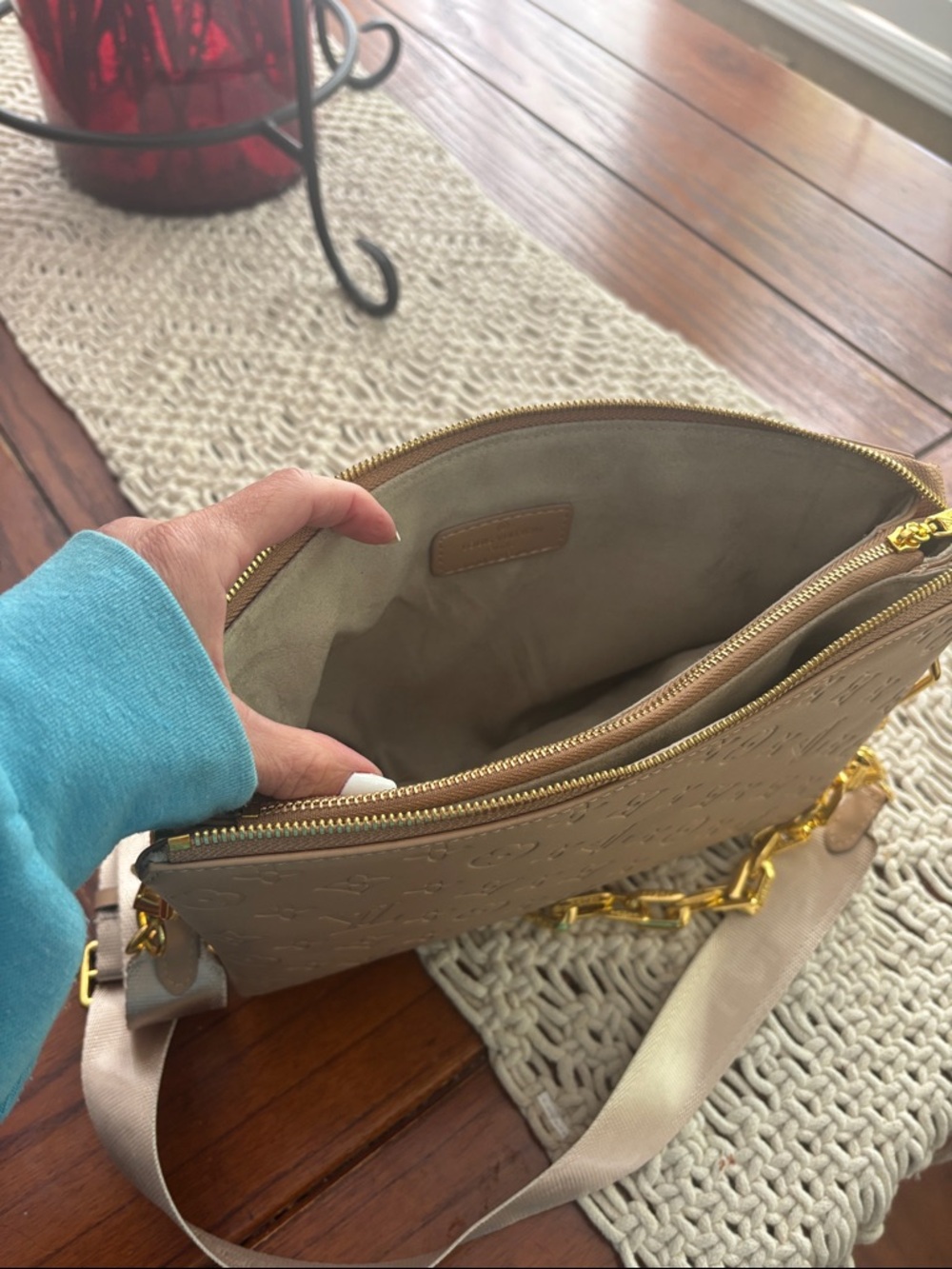 Beige Embossed Crossbody with Gold Chain - Picture 2 of 5